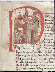 Ms Est 27 L 8.17 f.1r Historioitu alkukirjain, jossa Attila Hun (n. 406-453) polttaa Aquilan kaupunkia Attilan sodasta, Nicola da Casola tekijältä Franco Italian School