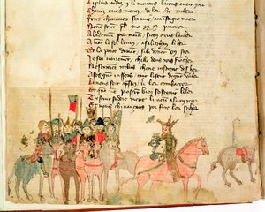 Ms Est 27 W 8.17 f.1v Attila Hun (n.406-453) ja hänen armeijansa ratsain, Nicola da Casolan elokuvasta Attilan sota tekijältä Franco Italian School