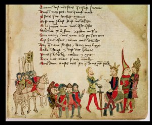 Ms Est 27 L 8.17 f.4r Attila Hun (n. 406-453) keskustelussa yhden soturinsa kanssa Nicola da Casolan elokuvasta Attilan sota tekijältä Franco Italian School