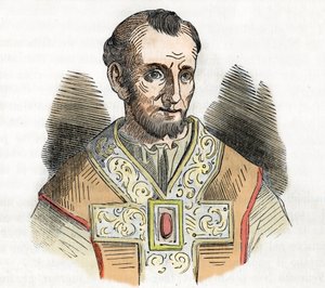 Keskiaika: esitys paavi Nikolai I Suuresta (Nicola I, Nicholas tai Nicolo tai Niccolo tai Nicolaus) (858-867) piirros Franco Mistralin teoksesta "I misteri del vaticano" 1843