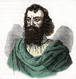 Keisari Justinianus I:n (482-565) muotokuva (Justinianus I) piirros Franco Mistralin teoksesta "I misteri del vaticano" 1843