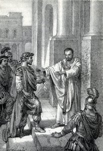 Milanon arkkipiispa Saint Ambrosius (Aurelius Ambrosius, Ambrogio di Milano (340-397) kielsi Rooman keisari Theodosius I:ltä (Flavius Theodosius) (347-395) pääsyn kirkkoon rangaistakseen häntä Thessalonikan verilöylystä vuonna 390 - Excommunicati tekijältä Franco Mistrali