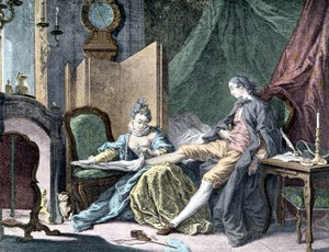 La Courtesan amoureuse: Nainen poistamassa miehen pohjaa - kaiverrus ap. Lihakauppias