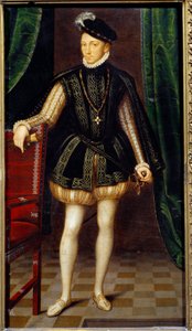 Muotokuva Ranskan kuninkaan Kaarle IX:n (1550 - 1574) jalassa. François Clouetin (1515-1572) työpajan maalaus