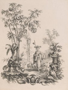 Nuori kiinalainen tyttö kävelee, lampaidensa ympäröimänä, n. 1740-50.
