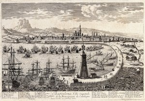 Näkymä kaupunkiin ja Barcelonan satamaan 1700-luvulla. Kaiverrus Francois Antoine Aveline Barcelona, Museu d