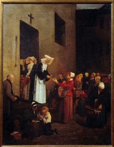 Hyväntekeväisyys. Nunnat jakavat ruokaa köyhille kadulla. Francois Bonvinin (1817-1887) maalaus