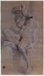 Istuvan alaston miehen akatemia, Francois Boucherin (1703-1770) piirros punaisella verellä 1700-luvun Pariisi, Louvre-museo tekijältä François Boucher
