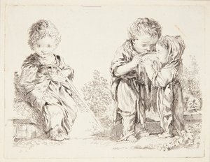 Lapsi istuu maanpalalla ja pienet maidon juojat tekijältä François Boucher