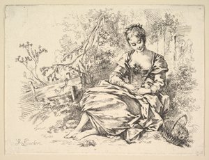 Tyttö maisemassa kukkakorin kanssa tekijältä François Boucher
