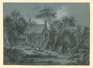Talo, jonka portaikko sijaitsee puiden välissä; sen edessä on kalastaja tekijältä François Boucher