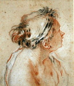 Nymfin pää (mustaa, valkoista ja punaista liitua vaaleanruskealle paperille). tekijältä François Boucher