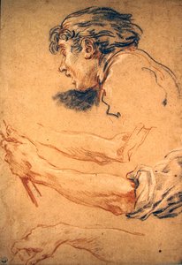 Paimenpojan pää ja tutkimuksia kädestä ja käsivarresta (mustaa, punaista ja valkoista liitua paperille) tekijältä François Boucher