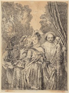 Italialainen näyttelijäryhmä Commedia dell’Arte -puvuissa tekijältä François Boucher