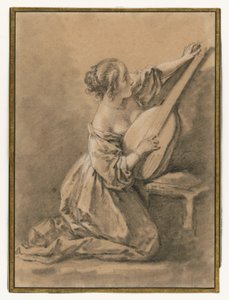 Polvillaan istuva nuori nainen, joka virittää luuttua tekijältä François Boucher