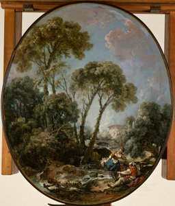 Maisema, jossa on kalastaja ja nuori nainen tekijältä François Boucher