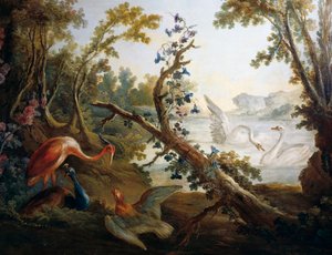 Maisema joutsenen kanssa, noin 1765, kirjoittaneet Francois Boucher (1703-1770), Jean-Baptiste Huet (1745-1811) ja Jean Honore Fragonard (1732-1806), yksityiskohta Salon Demarteaun pohjoisseinästä, Pariisi, Ranska, Ranska tekijältä François Boucher