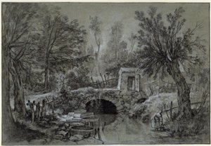Maisema, jossa on puro ja silta tekijältä François Boucher