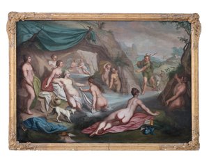 Öljy kankaalle. Myyttinen maalaus: Artemis seurueineen yllätetään kylvyssä Akteionin toimesta tekijältä François Boucher