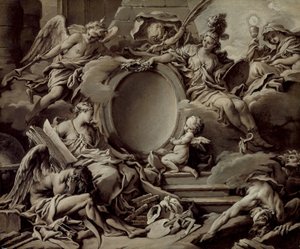 Kartussin luonnos: allegoria, jossa Minerva, maine, historia ja usko voittavat tietämättömyyden ja ajan tekijältä François Boucher