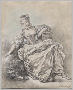 Istuva nainen, joka pitää kädessään lintuhäkkiä tekijältä François Boucher