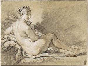 Tutkimus naisesta alastonkuvasta - Francois Boucher (1703-1770). Sanguine, mustavalkoinen liitu paperille
