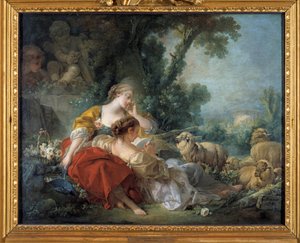 The School of Friendship Scene bucolique: kaksi paimenta ja lauma. François Boucherin (1703-1770) maalaus 1760 Karlsruhe. Staatliche Taidehalli tekijältä François Boucher