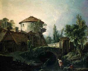 Tuulimylly, n. 1750 (öljy kankaalle) tekijältä François Boucher