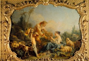 Omahyväinen pastoraalinen pastoraalinen kohtaus. François Boucherin (1703-1770) maalaus 1737 Pariisi, arkistot nationales tekijältä François Boucher