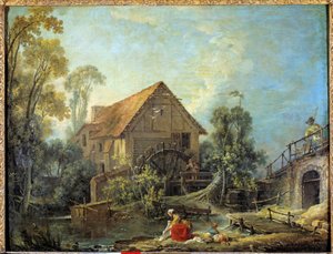 Mylly Nainen pesee pyykin purossa lähellä vesimyllyä. François Boucherin (1703-1770) maalaus 1751 Su. 0,66 x 0,84 m. - Mylly. Nainen pesemässä vaatteita purossa lähellä vesimyllyä. François Boucherin (1703-1770) maalaus 1751. 0,66 tekijältä François Boucher