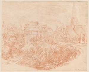 Näkymä maaseudun rakennuksista ja kirkon tornista tekijältä François Boucher