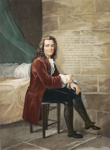 Voltaire vangittuna Bastiljissa kirjoittamassa La Henriadea vuonna 1728.