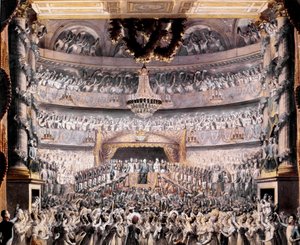 Louis XVIII (1755-1824) osallistuu Odeonin teatteriin Pariisin kansalliskaartin järjestämissä juhlissa vuonna 1819. Piirustus Francois Buffet (1789-1843) Sun. 36x44 cm Versailles, musee du chateau tekijältä Francois Buffet