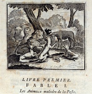 Ruttoon sairaat eläimet. Jean de La Fontainen (1621-95) sadut. Kuvitus: Francois Chauveau (1613-1676). Painos vuodelta 1728. tekijältä Francois Chauveau