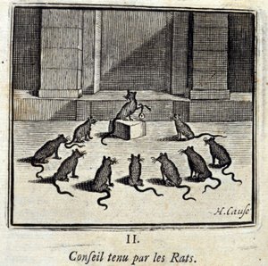 Rottien hallussa oleva hallitus. Jean de La Fontainen (1621-95) sadut. Kuvitus: Francois Chauveau (1613-1676). Painos vuodelta 1728. tekijältä Francois Chauveau