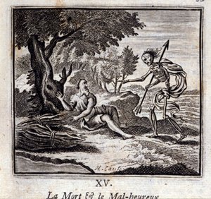 Kuolema ja onneton. Jean de La Fontainen (1621-95) sadut. Kuvitus: Francois Chauveau (1613-1676). Painos vuodelta 1728. tekijältä Francois Chauveau