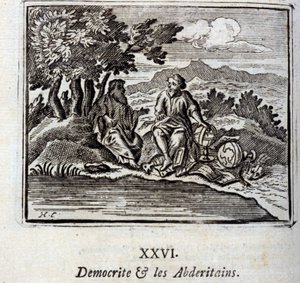 Demokraatti ja Abderitanit. Jean de La Fontainen (1621-95) sadut. Kuvitus: François Chauveau (1613-1676). Painos vuodelta 1728. tekijältä Francois Chauveau