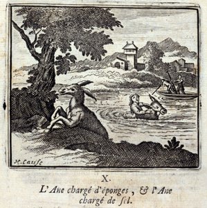 Aasin kuormia sieniä ja aasi kuormia suolaa. Jean de La Fontainen (1621-95) sadut. Kuvitus: François Chauveau (1613-1676). Painos vuodelta 1728. tekijältä Francois Chauveau