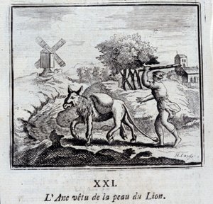 Aasi yllään leijonan ihoa. Jean de La Fontainen (1621-95) sadut. Kuvitus: François Chauveau (1613-1676). Painos vuodelta 1728. tekijältä Francois Chauveau