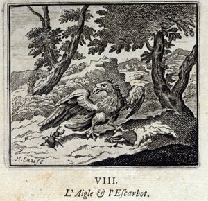 Kotka ja etana. Jean de La Fontainen (1621-95) sadut. Kuvitus: Francois Chauveau (1613-1676). Painos vuodelta 1728. tekijältä Francois Chauveau