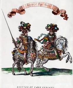 Ecuyer ja persialainen sivu kuningas Ludvig XIV:n (1639-1715) karusellin aikana. Kaiverrus Francois Chauveau (1613-1676) noin 1662 Yksityinen kokoelma tekijältä Francois Chauveau