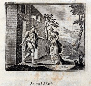 Paha menee naimisiin. Jean de La Fontainen (1621-95) sadut. Kuvitus: François Chauveau (1613-1676). Painos vuodelta 1728. tekijältä Francois Chauveau