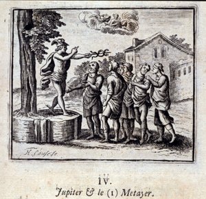 Jupiter ja Metayer. Jean de La Fontainen (1621-95) sadut. Kuvitus: François Chauveau (1613-1676). Painos vuodelta 1728. tekijältä Francois Chauveau