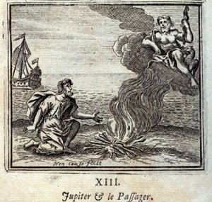 Jupiter ja matkustaja. Jean de La Fontainen (1621-95) sadut. Kuvitus: Francois Chauveau (1613-1676). Painos vuodelta 1728. tekijältä Francois Chauveau