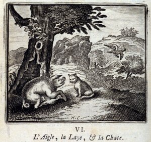 Jean de La Fontainen (1621-95) The Eagle the Laie ja Cat. Fables. Kuvitus: Francois Chauveau (1613-1676). Painos vuodelta 1728. tekijältä Francois Chauveau