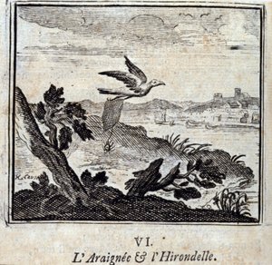 Hämähäkki ja pääskynen. Jean de La Fontainen (1621-95) tarinoita. Kuvitus: François Chauveau (1613-1676). Painos vuodelta 1728. tekijältä Francois Chauveau