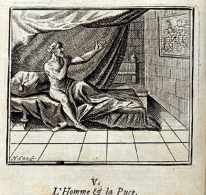 Mies ja kirppu. Jean de La Fontainen (1621-95) tarinoita. Kuvitus: Francois Chauveau (1613-1676). Painos vuodelta 1728. tekijältä Francois Chauveau
