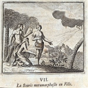 La Souris muuttui tytöksi. Jean de La Fontainen (1621-95) tarinat. Kuvitus: François Chauveau (1613-1676). Painos vuodelta 1728. tekijältä Francois Chauveau