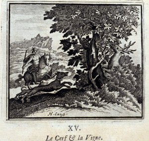 Hirvi ja viiniköynnös. Jean de La Fontainen (1621-95) tarinoita. Kuvitus: François Chauveau (1613-1676). Painos vuodelta 1728. tekijältä Francois Chauveau