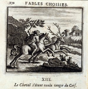 Hevonen halusi kostaa Hirven puolesta. Jean de La Fontainen (1621-95) sadut. Kuvitus: Francois Chauveau (1613-1676). Painos vuodelta 1728. tekijältä Francois Chauveau